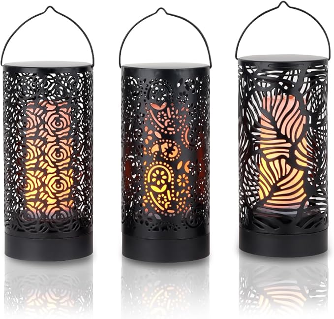 TRIROCKS Set of 3 LED Cordless Metal Lantern with Timer 7" H Moving Flame Lamp Battery Operated Breathing Lamp Floral Hollow LED Hanging Lighting for Indoor/Outdoor Patio Garden Party Gift