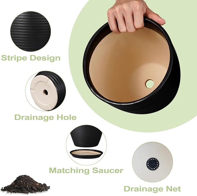 Ceramic Plant Pot 10 Inch - Large Planter Pots for Plants Indoor Outdoor Glazed Round Flower Pot with Drainage Hole and Saucer Black