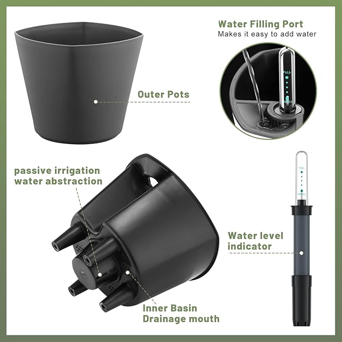 Self Watering Planters for Indoor Outdoor Plants 7 inch Flower Pot with Water Level Indicator Grey 3 Pack African Violet Self Watering Pots for All Orchid agave etc. House Plant Plastic Planter