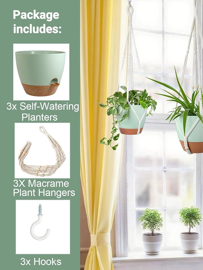 Larege Hanging Planters with Macrame Plant Hangers for Indoor Outdoor Plants 3 Set 10" / 8" / 7" Self Watering Pots Hanging Baskets Flower Pot Holders 3 Different Size Green Large
