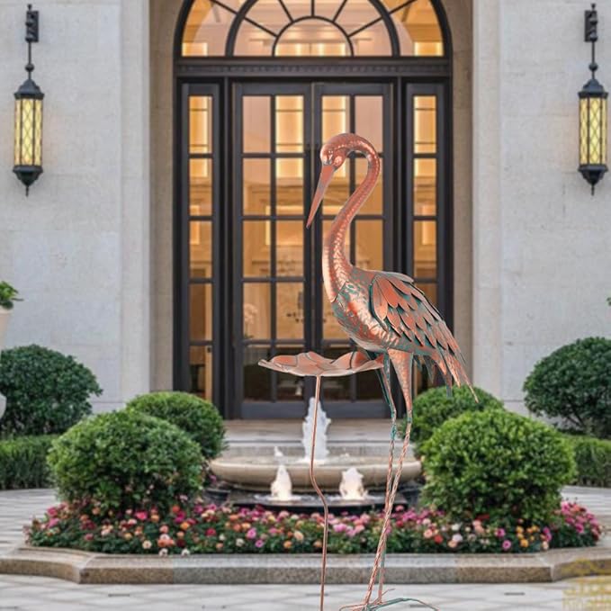 Crane Garden Statue, 42'' Heron Outdoor Statue with Birdbath, Large Crane Bird Metal Yard Art for Lawn Porch Backyard Patio Decor (Brown)