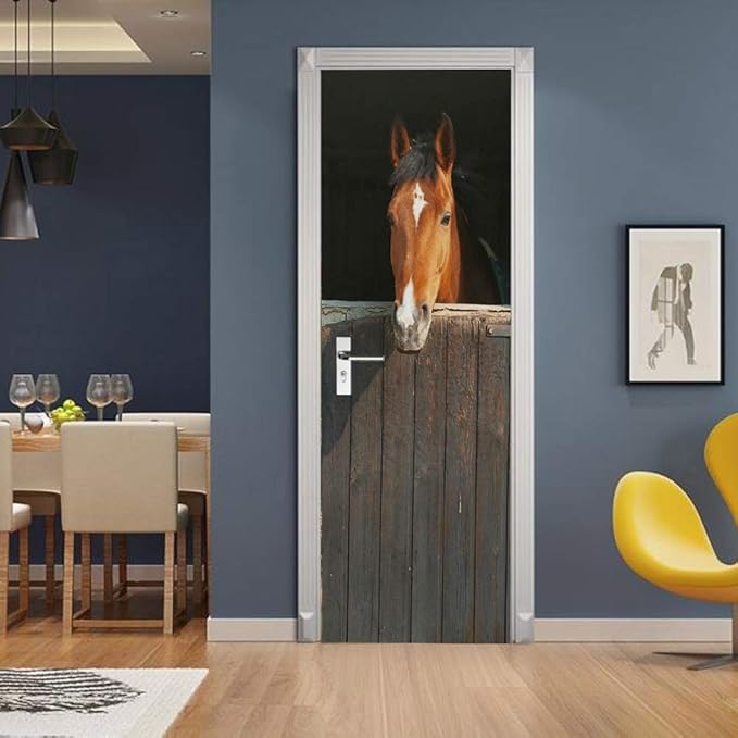 Horse 3D Door Stickers Murals - Peel & Stick - Waterproof & Washable - Matt Finish - Realistic Animal Print - Adult & Kid - All Seasons - Door & Wall - 34.6" x 78.7"