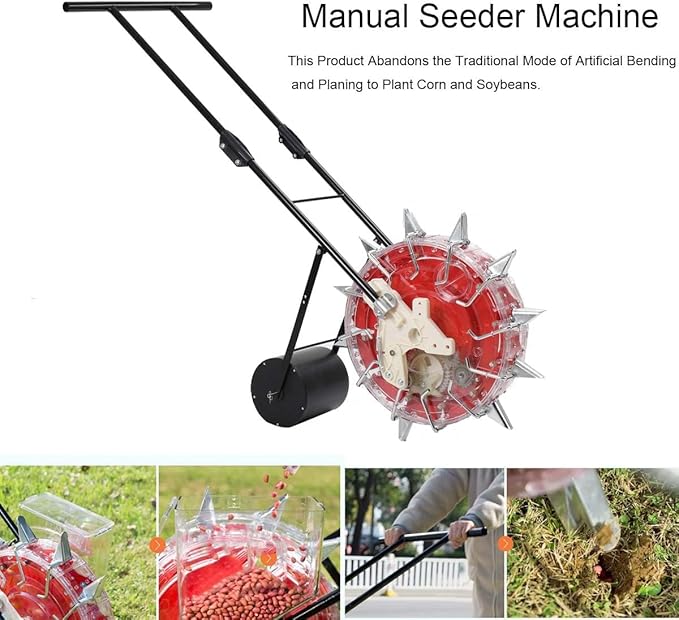 Garden Seeder, Manual Seeder Hand Seed Spreader Handheld Seeding Machine with 10 Seeding Nozzles, Hand-Push Roller Seed and Fertilizer Applicator for Planting Corn Soybean Peanut