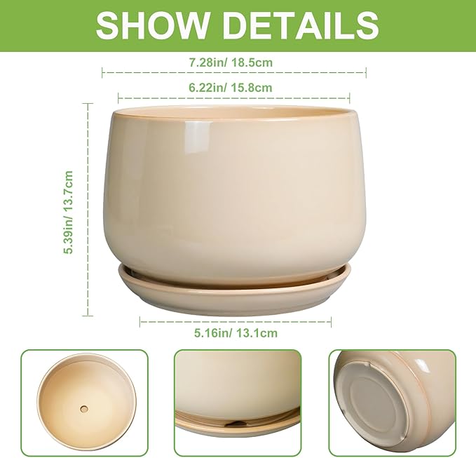 G EPGardening Ceramic Planter - 7 Inch Plant Pots with Drainage and Ceramic Tray, Flower Pots for Indoor Plants, Round Outdoor Planter, Room Decor, Gifts for Plant Lovers, Beige