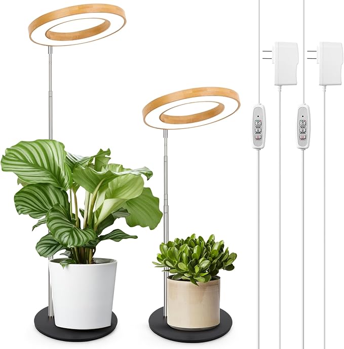 LORDEM Bamboo Grow Light for Indoor Plants, Full Spectrum Plant Light for Indoor Growing, Desk LED Grow Lamp with Auto On/Off Timer for 4H/8H/12H, 4 Dimmable Levels, Height Adjustable, 2 Pack
