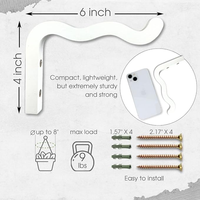 2-Piece Set of Wavy Wooden Wall Planters for Indoor Plants 6 Inch - Natural Plant Hook for Wall Plant, Wind Chimes, Flower Brackets, Patio Garden Decorations - Bracket Plant Hanger (White)