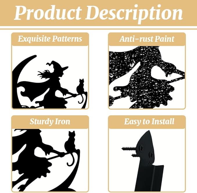 peacoblue Iron Plant Hangers Hooks for Outdoor Indoor Hanging Plants Flower Fern Pots Lantern Bird Feeder,11.6"x13.6" Weather Resistant Metal Wall Holder for Porch Garden Farmhouse(Witch and Cat)