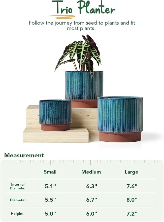LE TAUCI Ceramic Plant Pots with Drainage Holes, Set of 3, 8+6.7+5.5 Inch Stripe Garden Planter Pots for Outdoor Indoor Plants Flower, Round Succulent Orchid Flower Pot, Reactive Glaze Black
