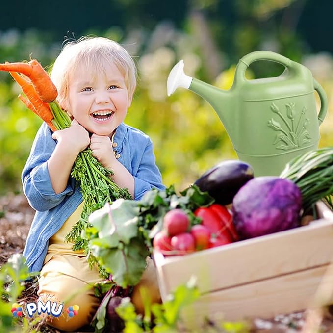 PMU 2 Gallon Watering Can - Garden Watering Can for Indoor & Outdoor Plants - Plastic Water Can with Detachable Sprinkler Head - Large Water Pot, Made in USA - Sage Green Pkg/3
