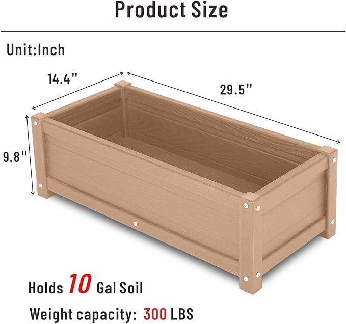 HDPE Raised Planter Box Outdoor,Rot-Resistant and Non-Cracking,Raised Beds for Gardening 29.5 * 14.4 * 9.8 in for Yard,Lawn,Outdoor Planter Boxes Rectangle with Drainage Holes Brown
