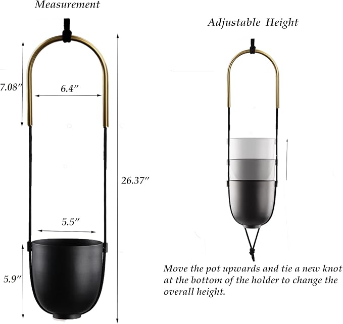 Metal Hanging Planter for Indoor Outdoor Plants Wall and Ceiling Hanging Flower Pot Plant Holder for Succulent Vines Ferns, Height Adjustable Modern Minimalist Room Decor(Black)