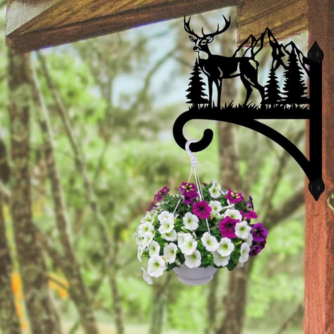 peacoblue Iron Plant Hanger Hook for Outdoor Indoor Hanging Plant Flower Fern Pots Lantern Bird Feeder,12"x15.4" Weather Resistant Metal Wall Holder for Porch Garden Farmhouse(Deer and Forest)