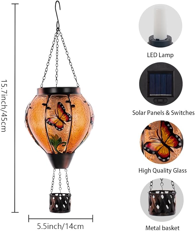 Starsoul Butterfly Hot Air Balloon Solar Lantern with Flickering Flame Light Glass Solar Powered Hot Air Balloon Lamp Waterproof Hanging Outdoor Solar Lantern for Yard Porch Backyard Decor