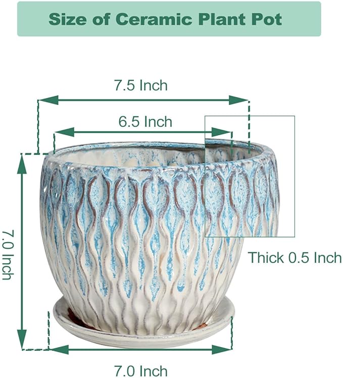 vensovo 7.5 Inch Ceramic Plant Pot with Drainage Holes and Saucer - Large Round Orchid Pot for Indoor Repotting, Ceramic Planter Maintain Air Circulation, Blue
