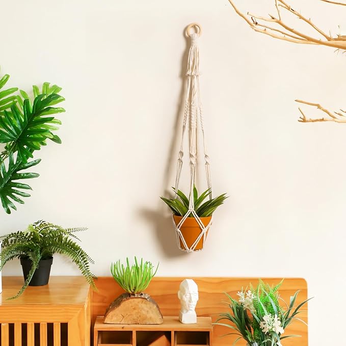 Artilady Plant Hanger Indoor Macrame Hanging Planters for Plants Holder Boho White Basket No Tassels Farmhouse Rustic Window Wall Decor