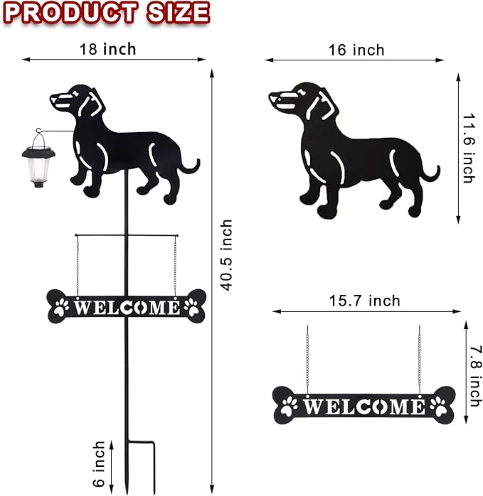 BAYN Solar Dachshund Silhouette Dog Breed Welcome Sign with a Lantern Outdoor Decorative Garden Stakes for Yard, Lawn, Patio, Pathway