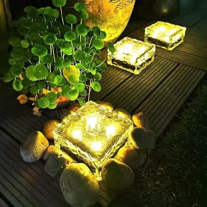 Solar Glass Brick Light - Solar Ice Cube LED Light - Crystal Brick Stone Lamp Garden Courtyard Pathway Patio Pool, Decorative Christmas Festives Ice Rock Cube Lights (4PCS Warm White)