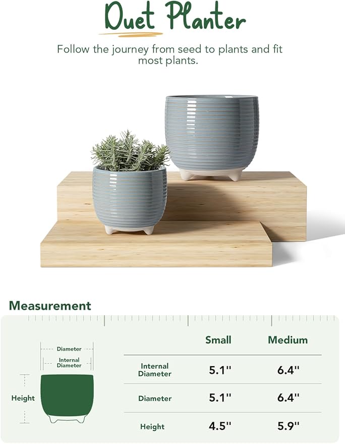 LE TAUCI Ceramic Plant Pots, 5.1 + 6.4 Inch Footed Pots for Plants, Modern Flower Pots for Home and Office, Indoor Planters with Drainage, Reactive Glaze Gray