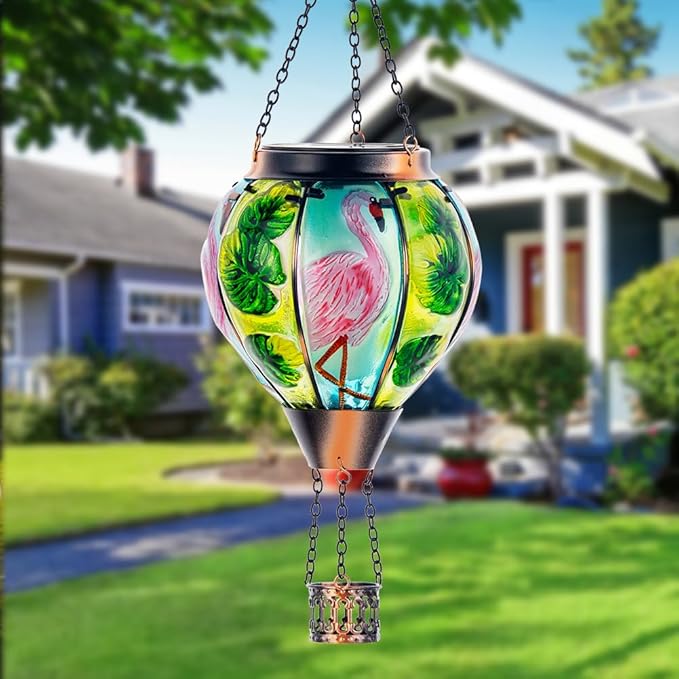 Starsoul Flamingo Hot Air Balloon Solar Lantern Solar Hot Air Balloon Flickering Flame Hanging Garden Light Metal & Glass Waterproof Lanterns for Yard Patio Farmhouse Decoration