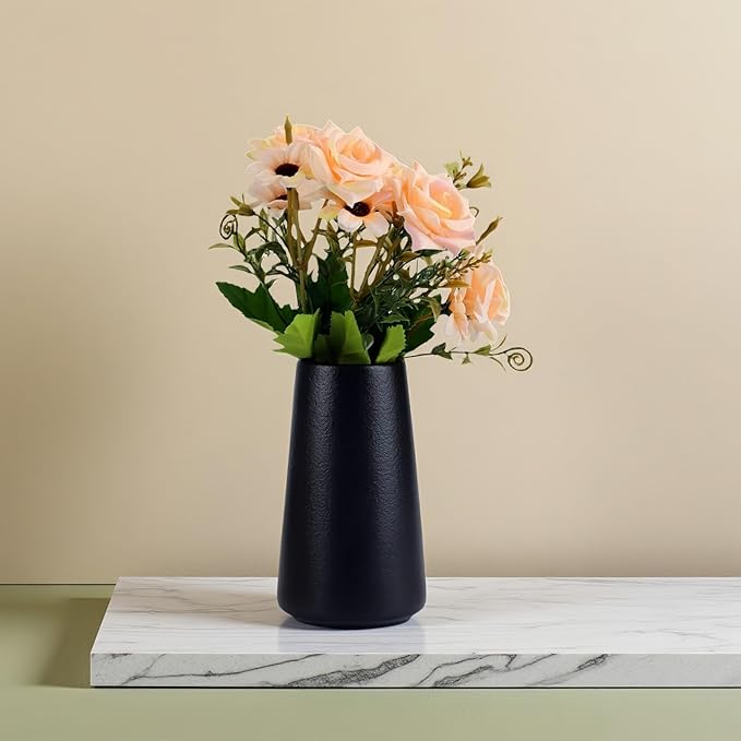 Simple Vase for Flowers Plants, Matte Vases for Modern Table Shelf Home Decor Wedding Boho Decor, 6" H Frosted Elegant Ceramic Vase for Pampas Grass Fluffy Stem Bouquet Lavender Flowers (Black, 1)