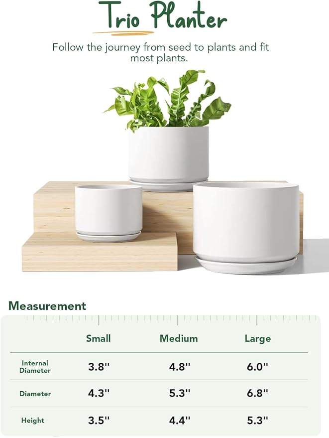 LE TAUCI Plant Pots Indoor, 4.3+5.3+6.8 Inch, Set of 3, Ceramic Planters with Drainage Hole and Saucer, Modern Indoor Flower Pot with Hole Mesh Pad, Gifts for Mom, Classic White