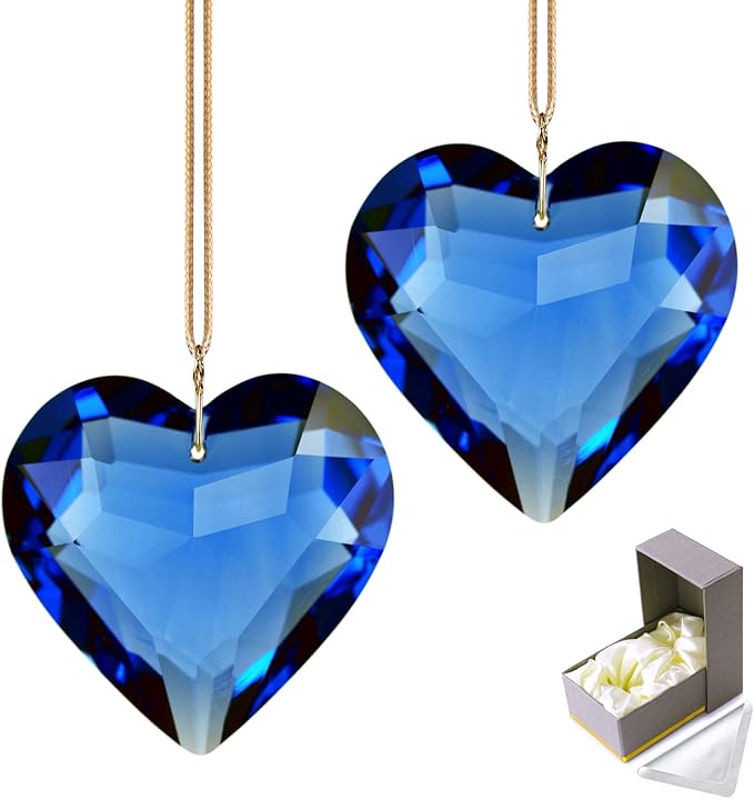 Blue Heart Crystal Suncatcher, 2pc 45mm Hanging Prism for Windows, Outdoor Indoor Decoration, Rainbow Maker Gifts for Mom, Grandma, Friend