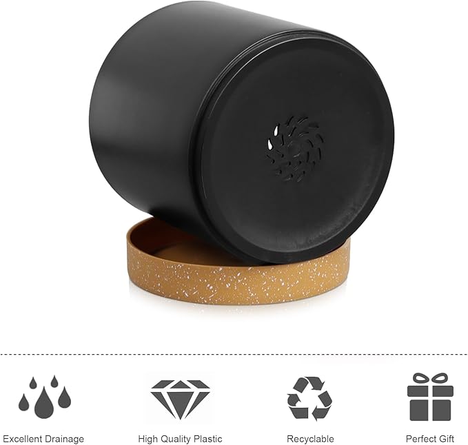 5 Pack Cylindrical Flower Pots with 7/6.5/6/5/4 inch, Modern Small Plastic Plant Pots with Drainage Holes & Saucers, Round Planter Pots for Outdoor, Indoor & Office Decor (Black Brown)