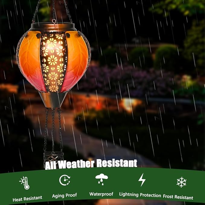 Hot Air Balloon Solar Lantern - Stained Glass Lantern with Simulated Flickering Flame, Outdoor Hanging Yard Light Waterproof IP65 & Weather Resistant for Garden Patio Lawn Porch Decor Gfit