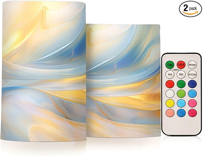 Flickering Flameless Candles, Blue Gold Marble LED Candles with Remote Timer, Set of 2 Battery Operated Candle for Valentine Wedding Birthday