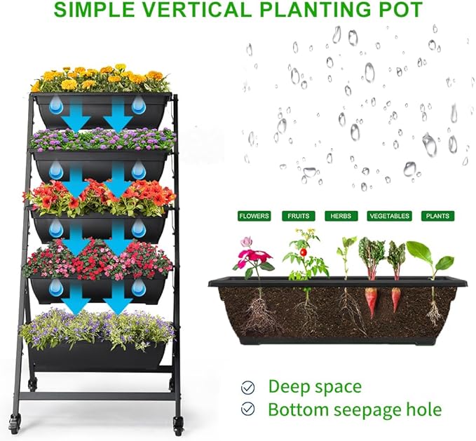 Indoor Outdoor Vertical Garden Planter, 5-Tier Planting Pot, Elevated Garden Planting Bed for Flowers Vegetable Plants, Garden Balcony Lawn, Black