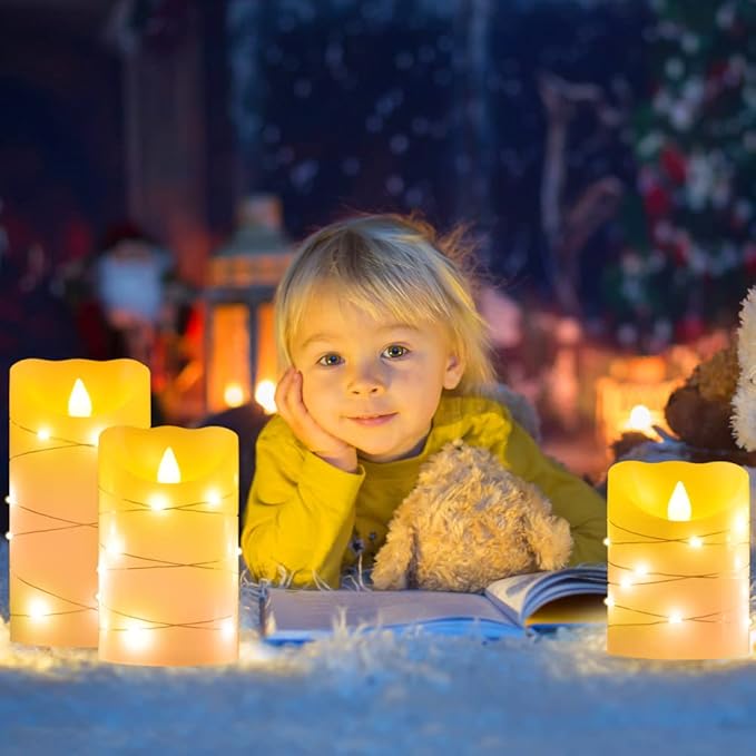 Flameless Flickering Candle, Pillar Candle,with Embedded String Lights,3 Pack LED Romantic Candle with Remote Control, Battery Operated Real Wax, Ideal for Wedding, Home decorand Holiday (Ivory)