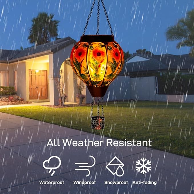 DREAMSOUL Hummingbird Hot Air Balloon Solar Lantern, Hanging Solar Lanterns Outdoor with Flickering Flame Light, Metal & Glass Solar Lanterns Outdoor Waterproof for Patio Yard Decor