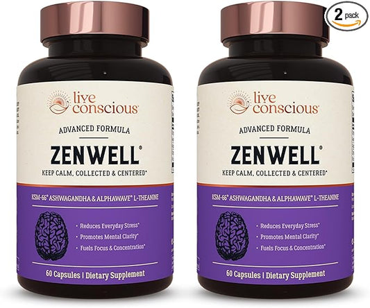 Live Conscious KSM-66 Ashwagandha Supplement w/L Theanine & AlphaWave - ZenWell Everyday Stress Relief, Mood Support, Cognitive, Brain Health - Ashwagandha for Men & Women - 60 Capsules (2-Pack)