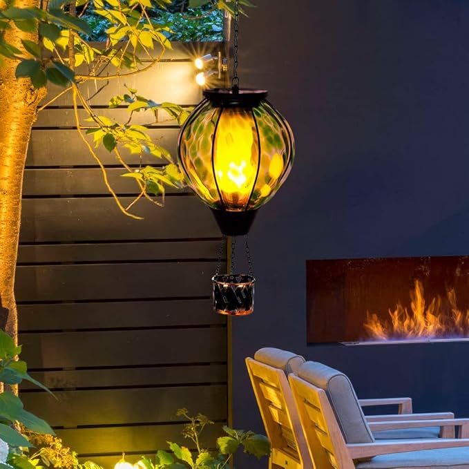 Solar Hot Air Balloon Lantern with Flame Flickering,Glass Hot Air Balloon Solar Lantern Outdoor Waterproof Hanging Outdoor Light for Patio Yard Garden Decor,Mother Day Gifts for Women(Green)