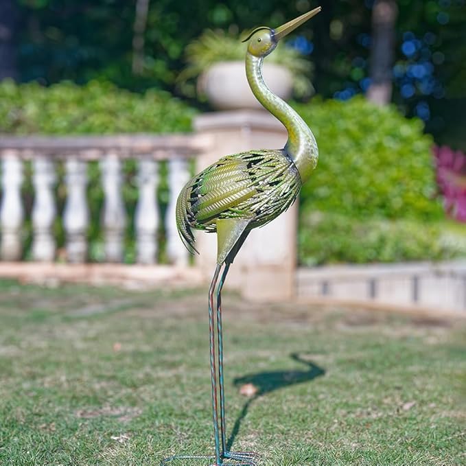 VEWOGARDEN Heron Outdoor Statues Metal Crane Garden Sculptures & Statues for Yard Lawn Patio Pool Outside Decorations, Green