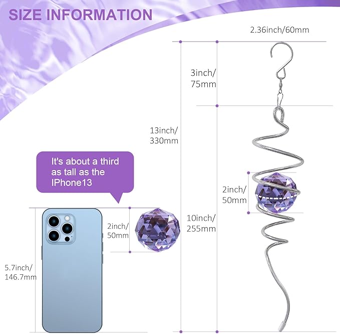 Wind Spinner Spiral Tail, Gazing Ball Spiral, Decorative Sun Catcher Rainbow Maker 11inch Tail and 2 inch Purple Crystal Orb with Swivel Hook, Indoor & Outdoor Garden Decoration 13" Height