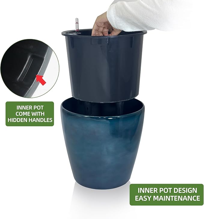Dexceder 15x14 Self Watering Planter with Wheels Indoor Outdoor, Inner Pot Design, Thickened Large Floor Standing Flower Plant Pot with Water Level Indicator (Grayish Green Gradient)