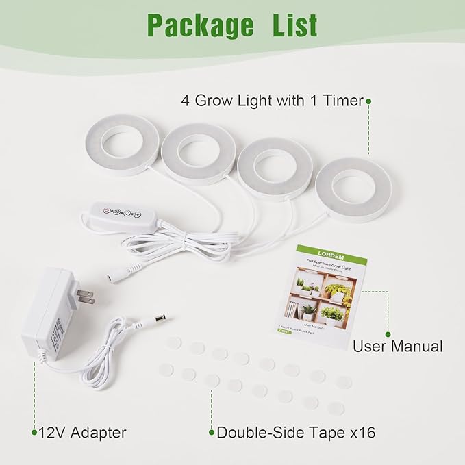 LORDEM Ceiling Grow Light for Indoor Plants, 192 LEDs Full Spectrum LED Plant Light, Plant Lamp with 3/6/12H Auto Switch, 4 Brightness Levels, Individual Bulb Control, Quad Head, Corded