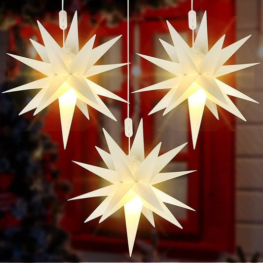 Kingdder 3 Pieces Moravian Star Light LED 3D Star Hanging Light Powered by Battery with Timer Function White Porch Lantern Holiday Decor for Indoor Outdoor Christmas Tree Balcony Courtyard (18 Inch)