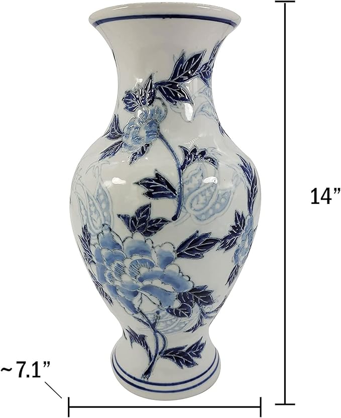 Galt International Blue and White Floral Chinoiserie Ceramic Vase 14" - Hand Painted Antique Style Porcelain Flower Bottle Fishtail Porcelain Chinese Vase for Home Decor Centerpiece