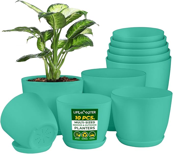 Planter Pots with Drainage Holes - Lightweight, Durable, and Space-Saving Pots for Indoor and Outdoor - Versatile Functionality, Simple Modern Design, Set of 10 Plastic Planter Pots - Aqua