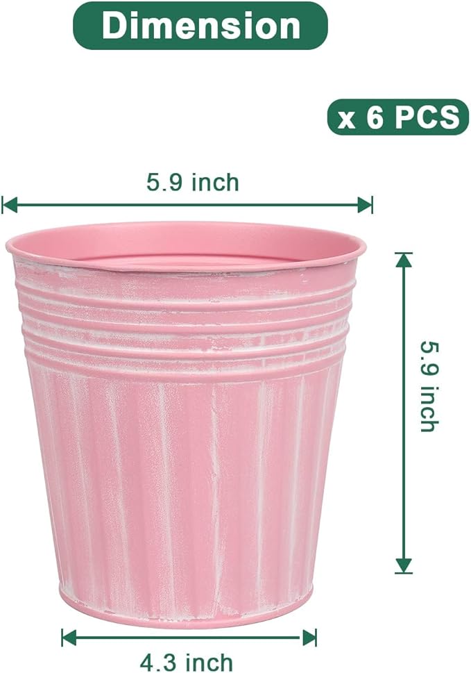 vensovo 6 Inch Pink Metal Rustic Flower Pots - 6Pcs Medium Galvanized Planters with Drainage Hole and Rubber Plug, Rustproof Metal Bucket Plant Pots Farmhouse Vintage Style for Decor