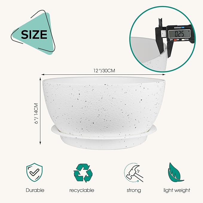 12 inch Plant Pots Pack of 2, Plastic Planter with Drainage Holes and Saucers, Plant pots for Indoor Outdoor Use, Flower Pots for All House Plants (Speckled White)