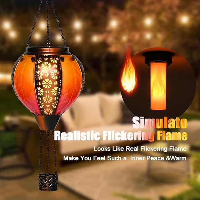 Hot Air Balloon Solar Lantern - Stained Glass Lantern with Simulated Flickering Flame, Outdoor Hanging Yard Light Waterproof IP65 & Weather Resistant for Garden Patio Lawn Porch Decor Gfit