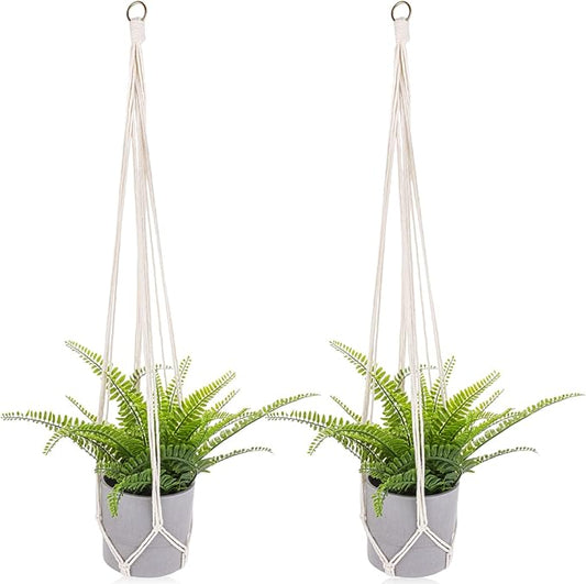 Macrame Plant Hanger, 2 Pack Boho Hanging Planters Baskets for Indoor Plants Decorative Braided Cotton Rope Flower Pot Holder with Metal Hook Rings for Outdoor Home Decor, No Tassels, Ivory, 34 Inchs