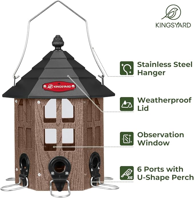 Kingsyard Wild Bird Feeder for Outdoor Hanging, Recycled Plastic Bird Feeders with 6 Ports & U-Shape Perch, Garden Yard Outside Decoration, 3.5 lbs Seed Capacity, Brown