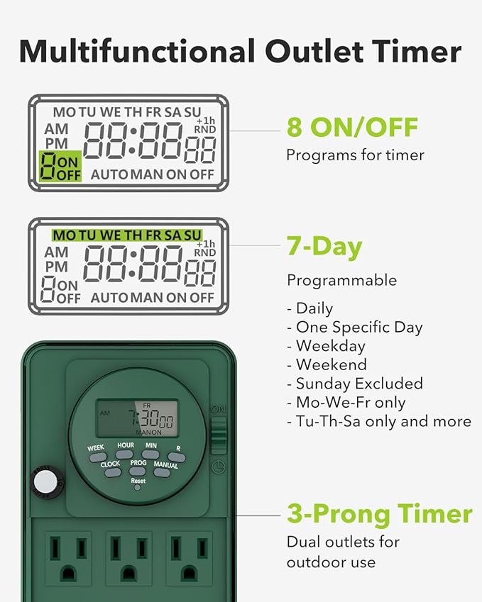 BN-LINK 7 Day Programmable Outdoor Power Stake Timer, 6 Outlets, 6FT Extension Cord Waterproof, Ideal for Outdoor Christmas Decorations & Garden, ETL Listed