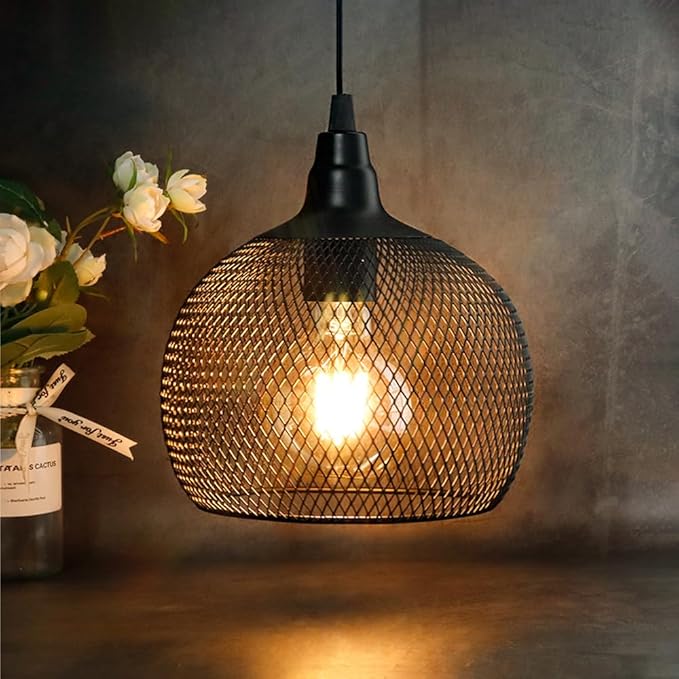 JHY DESIGN Hanging Lamp Black Battery Powered Decorative Pendant Lamp Metal Cage Battery Lamp with 6 Hours Timer for Bar Bedroom Garden Parties Patio Indoor Outdoor Living Room(Round)