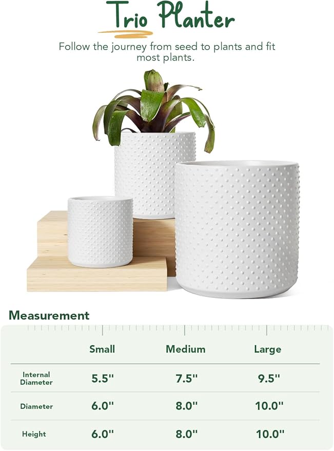 LE TAUCI 6+8+10 Inch Plant Pots Indoor, Ceramic Planter Pots for Plants, Raised Dots Flower Pots Indoor for Home and Office, Mid-Modern Century Pots Indoor with Drainage Hole and Silicone Plug, White