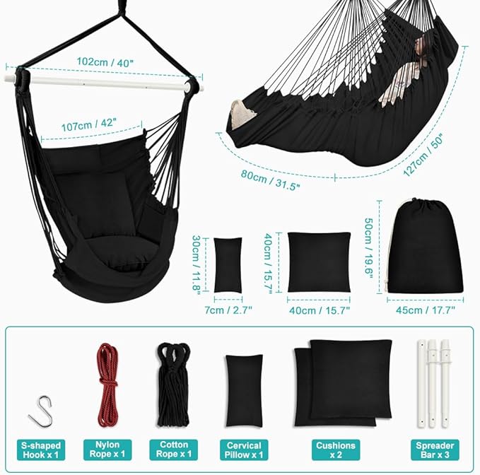 Outerman Hammock Chair, Hanging Chair with 3 Cushions and Foot Rest Support, Sturdy Metal Spreader Bar Max 500Lbs, Swing Chair for Bedroom, Indoor & Outdoor, Patio, Porch or Tree（Black）…